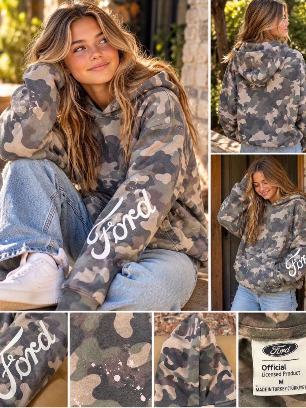 Ford Women's Camo Hoodie in Green, Tan, Brown